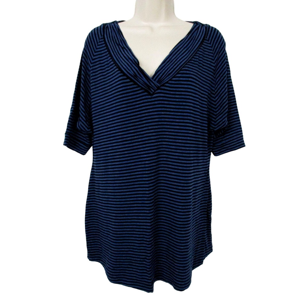Soma Top Womens Medium Striped Knit Blue‎ Black V-Neck Short Sleeve Casual Comfy